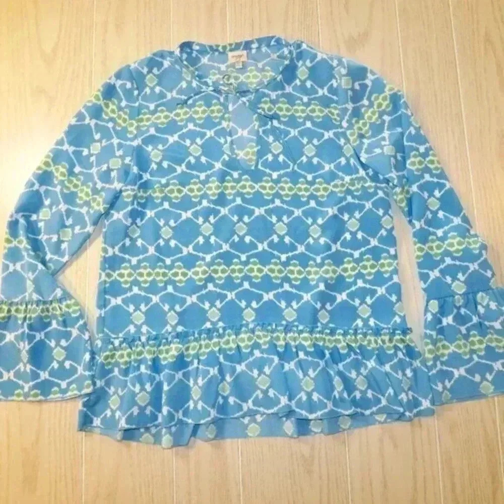 Corsage Blue Green Blouse Top Bell Sleeve Ruffle Hem Size Medium